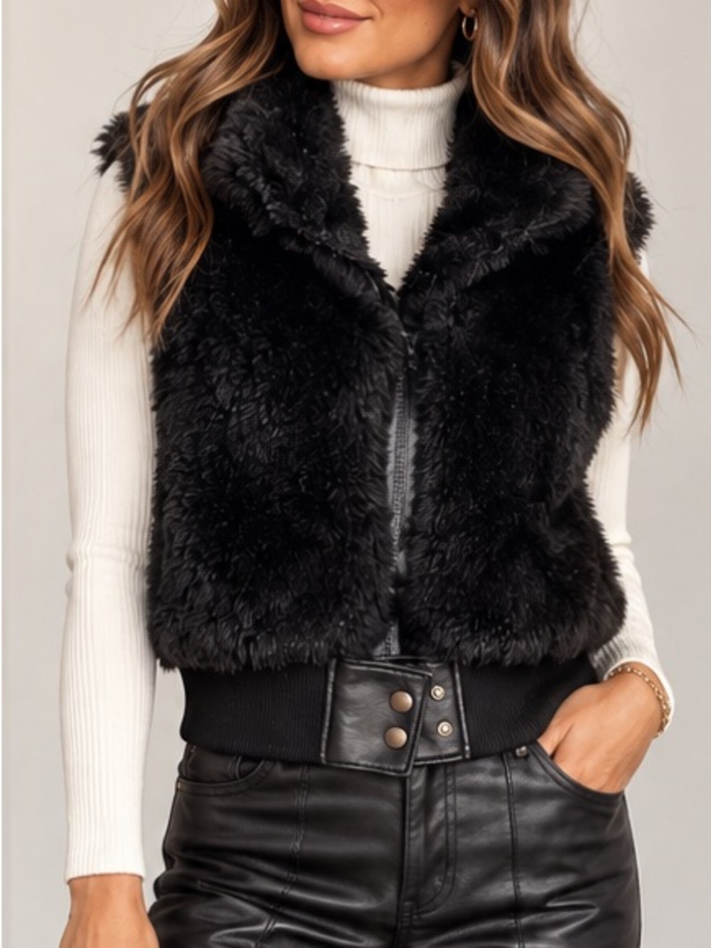 Ashley Faux Fur Vest Womens Size Medium Zip Front Moto Cropped Plush